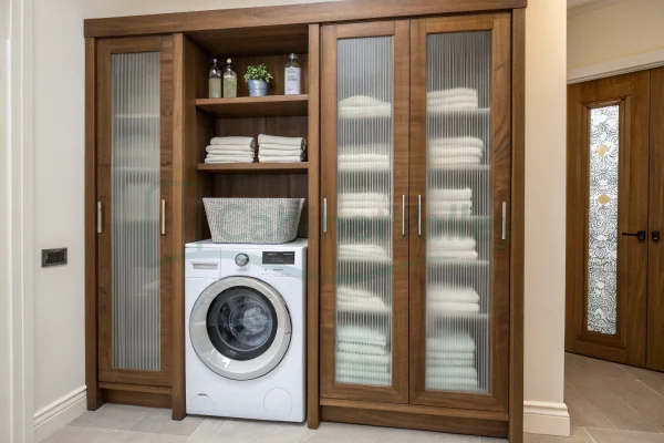 Laundry cabinetry featuring wood and glass cabinet fronts, tall hanging zone, and front-loading machines