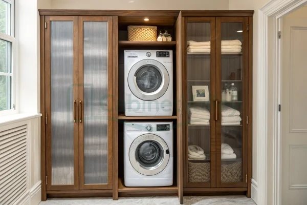 Tall walnut laundry cabinet with upper glass doors, matte black handles, and integrated washer