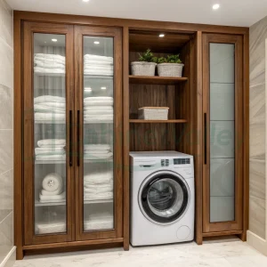 Custom laundry system with walnut veneer, frosted glass panels, and built-in storage drawers