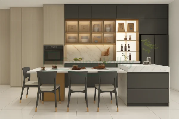 Contemporary kitchen layout with dark lower cabinets, light upper storage, and illuminated glass-front display system.