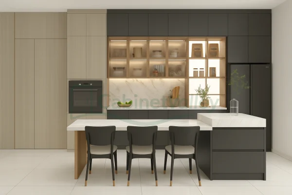 Sleek modern kitchen design with marble backsplash, open display units, and clean-lined island table for dining.