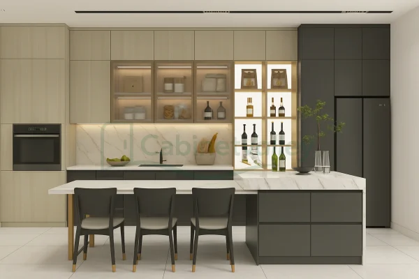 Minimalist gray and wood kitchen featuring handleless cabinets, waterfall-edge marble island, and integrated storage.