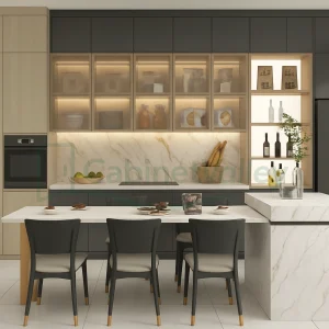 Modern one-wall kitchen with gray and wood cabinets, marble island, and glass display shelves with ambient lighting.