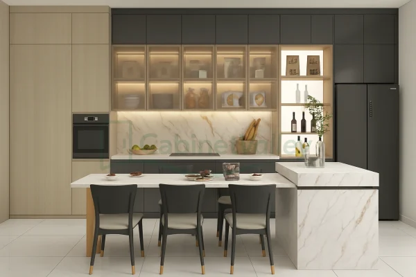 Modern one-wall kitchen with gray and wood cabinets, marble island, and glass display shelves with ambient lighting.