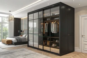 Black-framed wardrobe divider with frosted glass doors separating a bedroom and closet zone in a luxury modern interior.