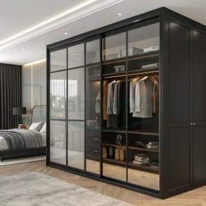 Black-framed wardrobe divider with frosted glass doors separating a bedroom and closet zone in a luxury modern interior.