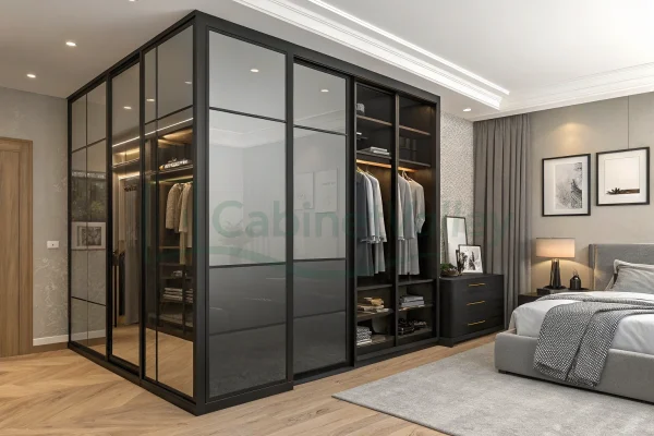 L-shaped sliding glass wardrobe system serving as a room divider in an open-concept master suite.