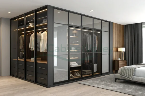 Contemporary walk-in closet with matte black framing and integrated lighting, used as a divider wall behind the bed.