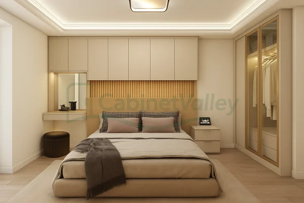 Elegant cream PVC hinged wardrobe with vertically aligned storage and framed glass doors, integrated into a minimal beige bedroom setting with a compact dressing nook.