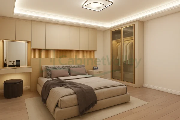Contemporary cream-tone hinged wardrobe with transparent glass panels and organized hanging space, featured beside a modern bed and built-in dressing table.