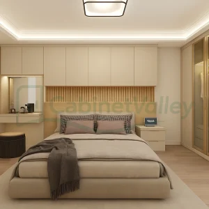 Streamlined cream PVC wardrobe with full-height glass doors, suspended overhead storage, and coordinated minimalist nightstands in a softly lit neutral bedroom.