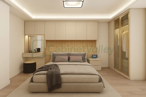 Streamlined cream PVC wardrobe with full-height glass doors, suspended overhead storage, and coordinated minimalist nightstands in a softly lit neutral bedroom.