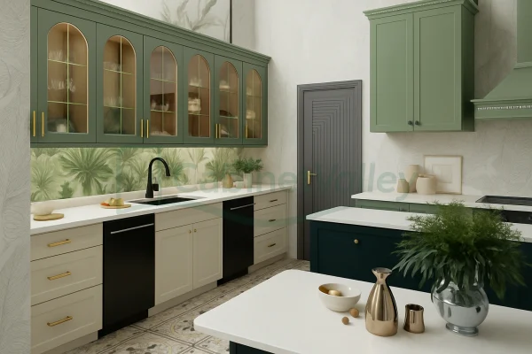 Wall-mounted green American Style kitchen with arched glass doors above floral backsplash and beige base units.