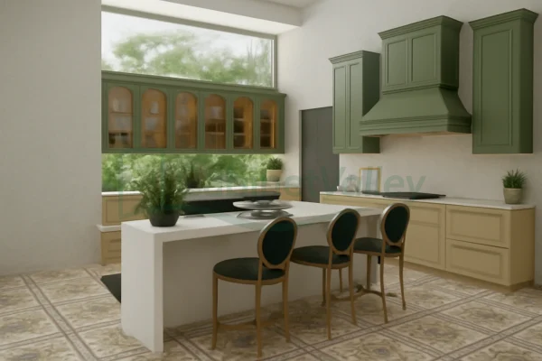Classic kitchen with decorative green hood, beige base cabinets, and built-in dining island with seating.