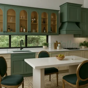 American Style kitchen with large window, two-tone shaker cabinetry, and integrated sink under glass-door cabinets.