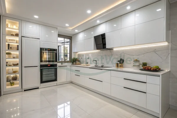 Modern L-shaped white kitchen with high-gloss melamine cabinets, integrated oven, and black accents.
