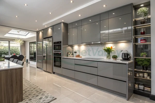 Streamlined grey kitchen design featuring full-height cabinets, built-in oven, and sleek surfaces.