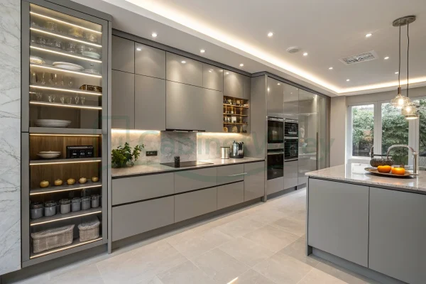 Contemporary high-gloss grey cabinetry paired with marble-effect backsplash and LED strip lights.