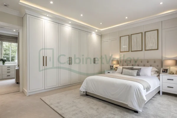 Seamless white hinged door wardrobe in a custom-fitted wall layout, combining soft-close functionality with understated modern style.