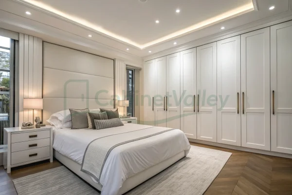 Contemporary built-in white wardrobe featuring matte melamine doors, long vertical handles, and elegant recessed lighting accents.