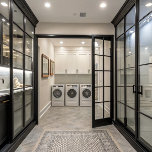 Panoramic hallway view showing glass-enclosed utility area and black cabinetry