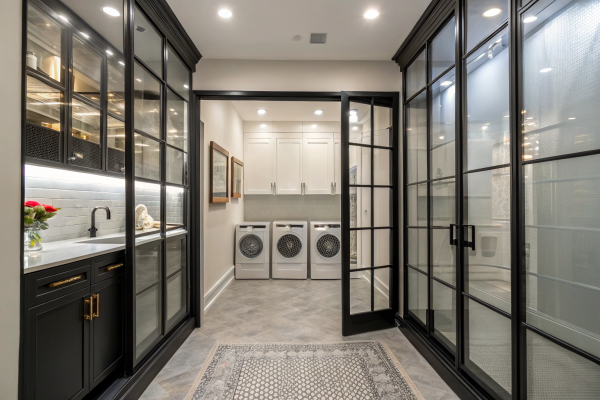 Panoramic hallway view showing glass-enclosed utility area and black cabinetry