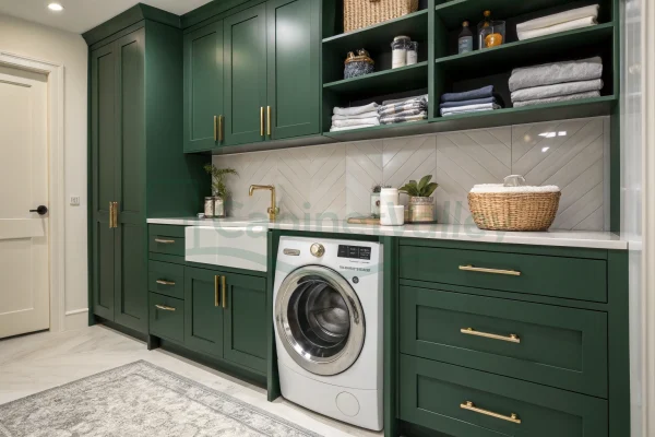 Forest-green lacquer laundry cabinets with gold handles, built-in washer and apron sink beneath white chevron backsplash.