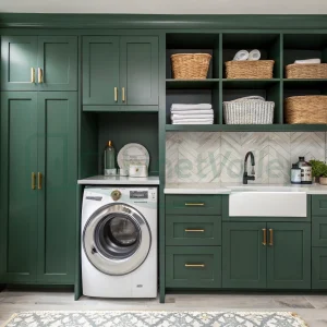 Modern green shaker laundry cabinetry with open shelving, quartz counters, and wall-mounted sink setup.