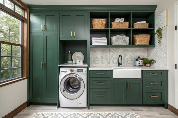 Modern green shaker laundry cabinetry with open shelving, quartz counters, and wall-mounted sink setup.