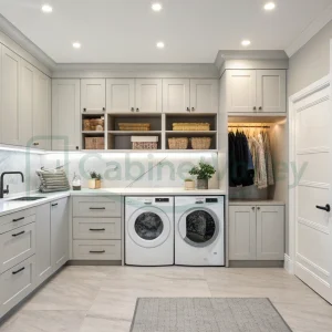 L-shaped laundry cabinetry with built-in washer and dryer, tall shaker cabinets, and marble backsplash in a bright utility room.