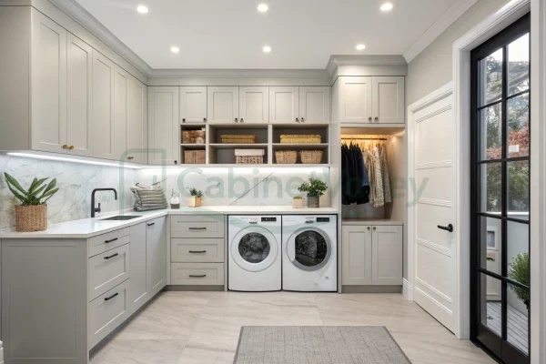 L-shaped laundry cabinetry with built-in washer and dryer, tall shaker cabinets, and marble backsplash in a bright utility room.