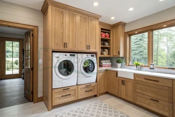 L-shaped oak laundry cabinetry with white countertop, apron sink, and double washer-dryer setup