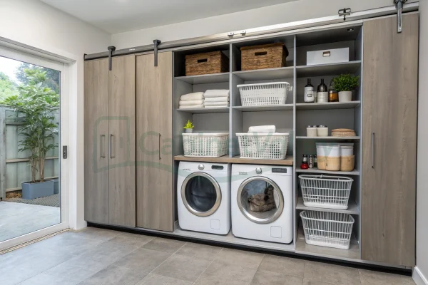 Built-in laundry cabinetry with light wood sliding doors, washer and dryer integration, and open storage for baskets and bottles.