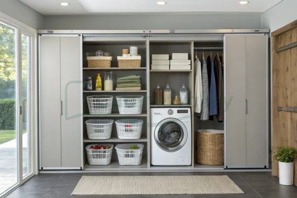 Compact laundry system with gray sliding panels, open shelving, white laundry baskets, and hanging wardrobe space beside a front-loading washer.