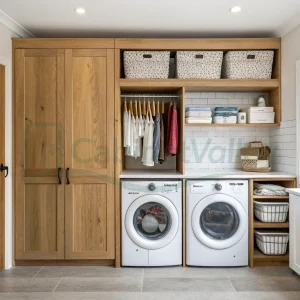Two-tone laundry cabinetry with natural oak doors, white tile backsplash, open hanging space, and side-by-side front-loading washer and dryer.