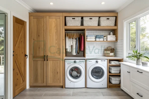 Two-tone laundry cabinetry with natural oak doors, white tile backsplash, open hanging space, and side-by-side front-loading washer and dryer.