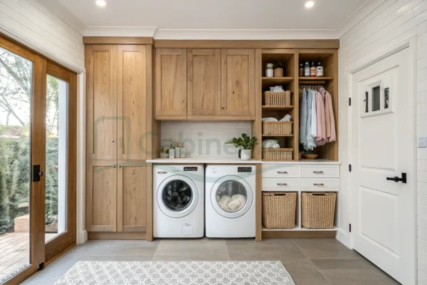 Built-in oak laundry cabinets with shaker-style fronts, integrated white drawers, wicker baskets, and full-width folding counter above washer and dryer.
