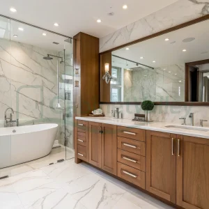 Double sink cabinet with sleek veneer wood finish and storage drawers in marble-lined bathroom