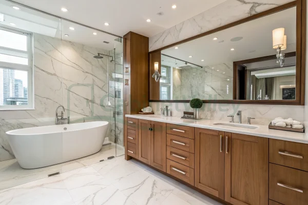 Double sink cabinet with sleek veneer wood finish and storage drawers in marble-lined bathroom