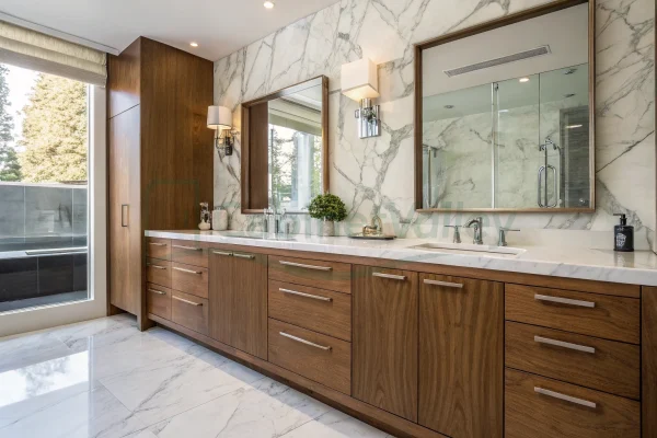 Spacious bathroom with full-length wood veneer cabinetry and luxurious marble tiles