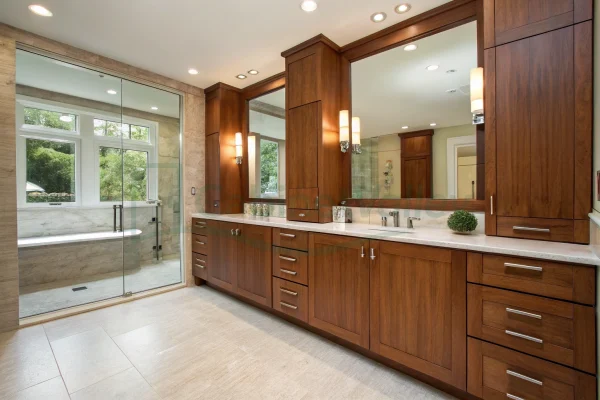 Full view of a contemporary bathroom with walnut veneer cabinetry and dual mirrors