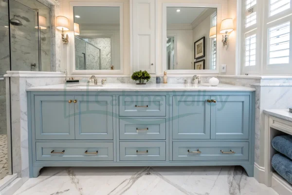 Light blue vanity with shaker-style cabinets and white marble countertop under dual mirrors