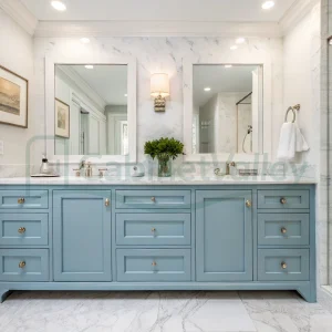 Elegant glossy blue bathroom cabinet set with twin sinks and gold hardware in marble surroundings