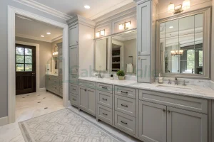 Mist gray bathroom vanity with marble countertop and symmetrical mirror lighting in a bright space