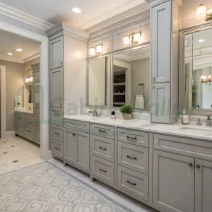 Mist gray bathroom vanity with marble countertop and symmetrical mirror lighting in a bright space