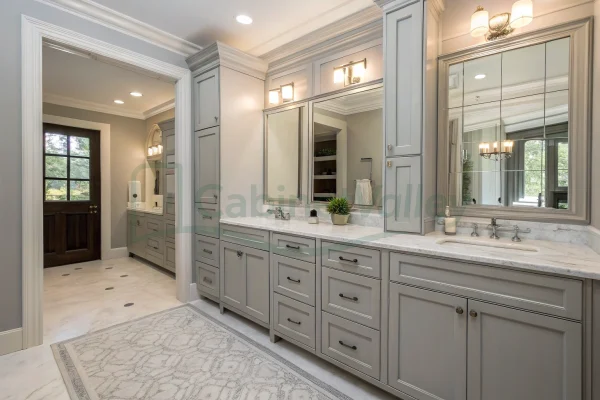 Mist gray bathroom vanity with marble countertop and symmetrical mirror lighting in a bright space