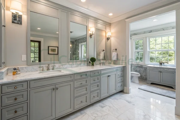 Elegant gray double vanity with shaker doors and marble surfaces in a sunlit bathroom