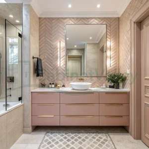 Modern blush floating vanity with gold hardware, marble countertop, and integrated mirror in a neutral-toned bathroom.