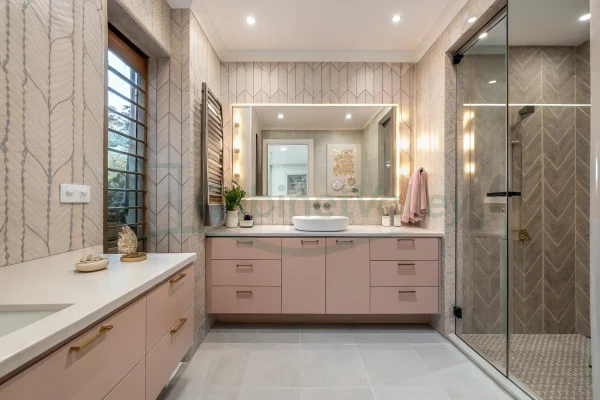 Double-sink blush vanity with matte finish, wall-mounted structure, and full-width mirror above white marble surface.