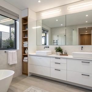 Modern White Lacquer Vanity with Wall Mounted Plywood Drawers